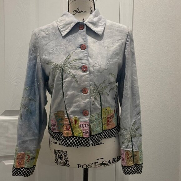 Y2K FUNKY JACKET MIAMI BEACH ART EMBROIDERED CITY DEMIN BLUE COLORS SZ XS RETRO - Picture 3 of 16